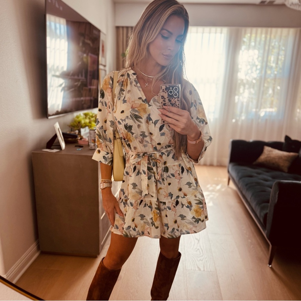 Aakaa Floral Mini Dress - Cream and Green - Picture 2 of 4